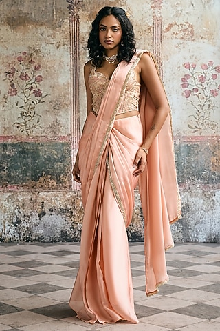 Peach Satin Georgette Draped Saree Set by Saanjh by Lea