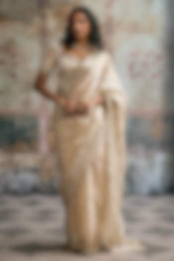 Ivory Organza Pre-Draped Wedding Saree Set by Saanjh by Lea at Pernia's Pop Up Shop