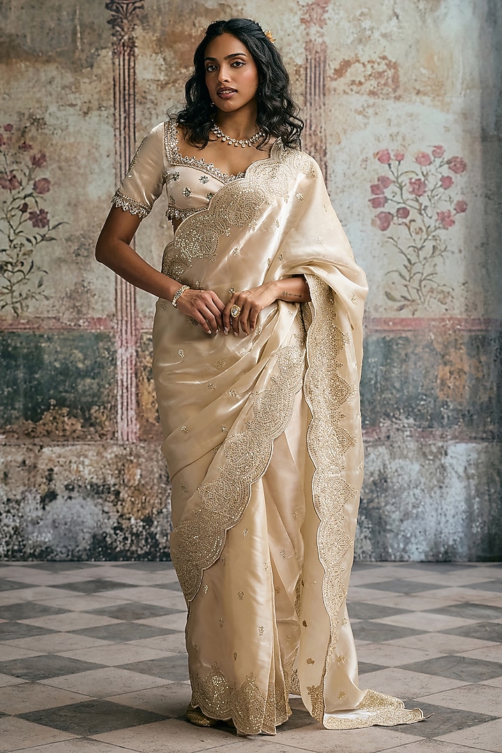 Ivory Organza Pre-Draped Wedding Saree Set by Saanjh by Lea at Pernia's Pop Up Shop