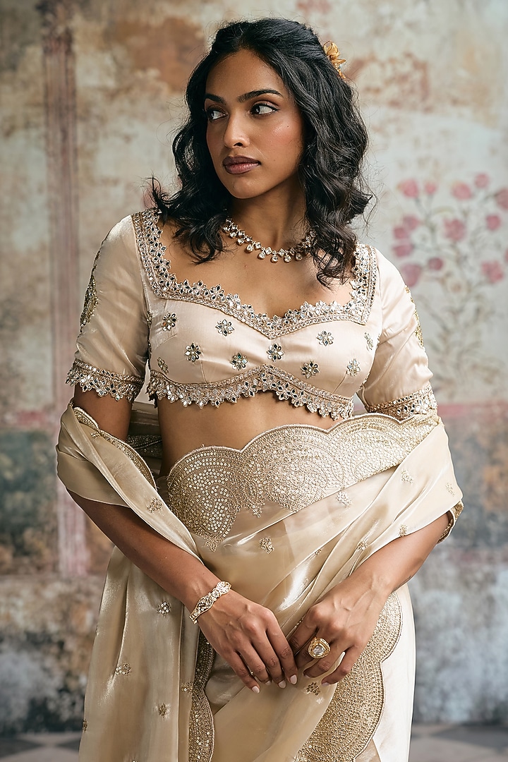 Ivory Organza Pre-Draped Wedding Saree Set by Saanjh by Lea at Pernia's Pop Up Shop
