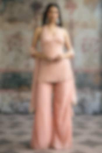 Peach Georgette Mirror Hand Embroidered Wedding Sharara Set by Saanjh by Lea at Pernia's Pop Up Shop