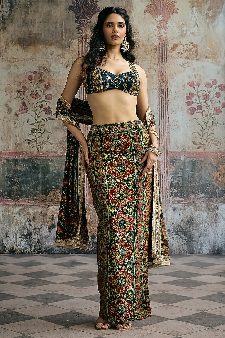 Multi-Colored Modal Satin Printed Draped Skirt Set by Saanjh by Lea at Pernia's Pop Up Shop