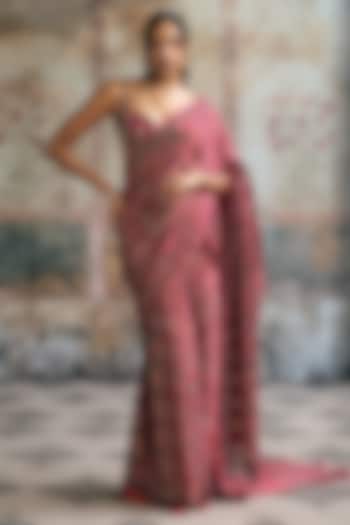 Maroon Satin Georgette Ajrakh Printed Draped Party Wear Saree Set by Saanjh by Lea at Pernia's Pop Up Shop