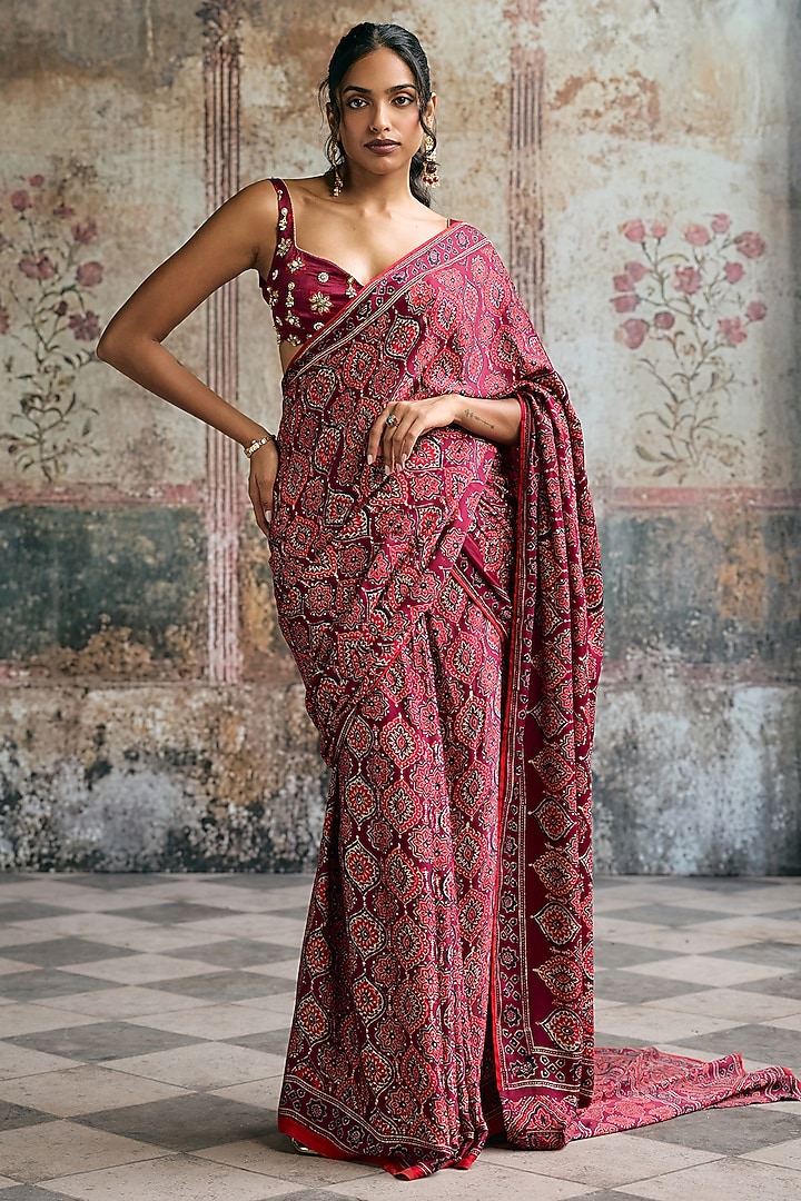 Maroon Satin Georgette Ajrakh Printed Draped Party Wear Saree Set by Saanjh by Lea at Pernia's Pop Up Shop