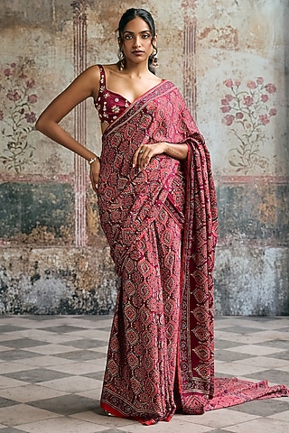 Maroon Satin Georgette Ajrakh Printed Draped Saree Set by Saanjh by Lea