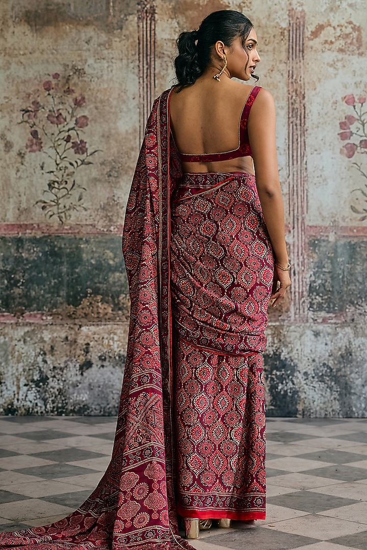 Maroon Satin Georgette Ajrakh Printed Draped Party Wear Saree Set by Saanjh by Lea at Pernia's Pop Up Shop