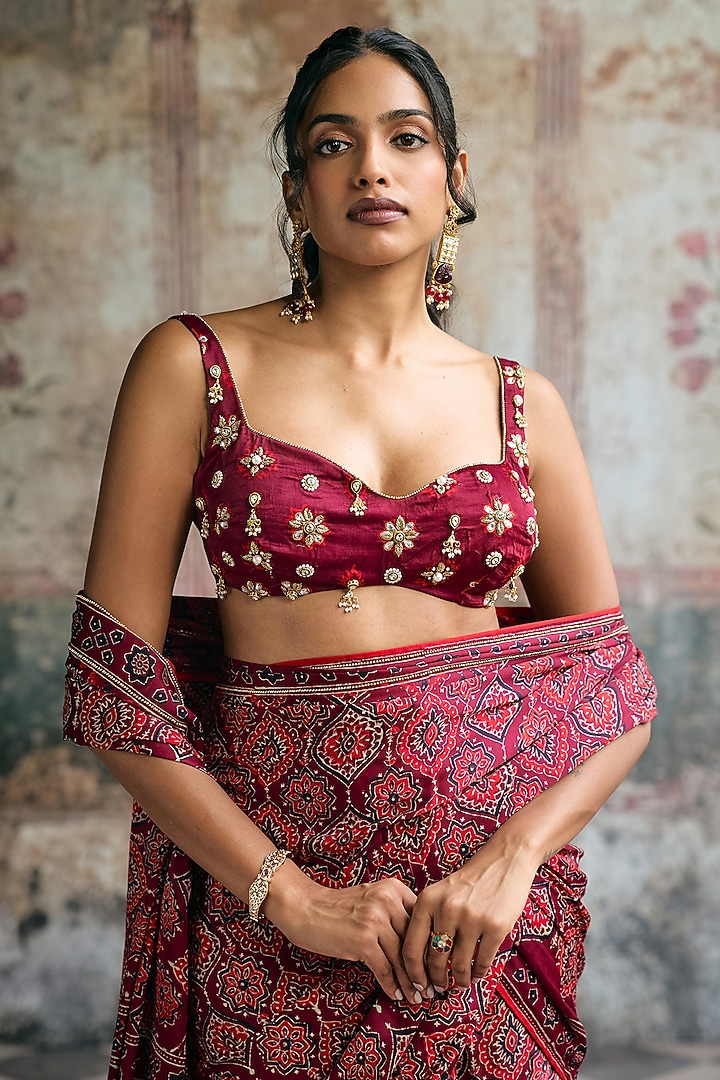 Maroon Satin Georgette Ajrakh Printed Draped Party Wear Saree Set by Saanjh by Lea at Pernia's Pop Up Shop
