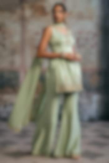 Green Tissue Mukesh & Zora Silk Party Wear Sharara Set by Saanjh by Lea at Pernia's Pop Up Shop