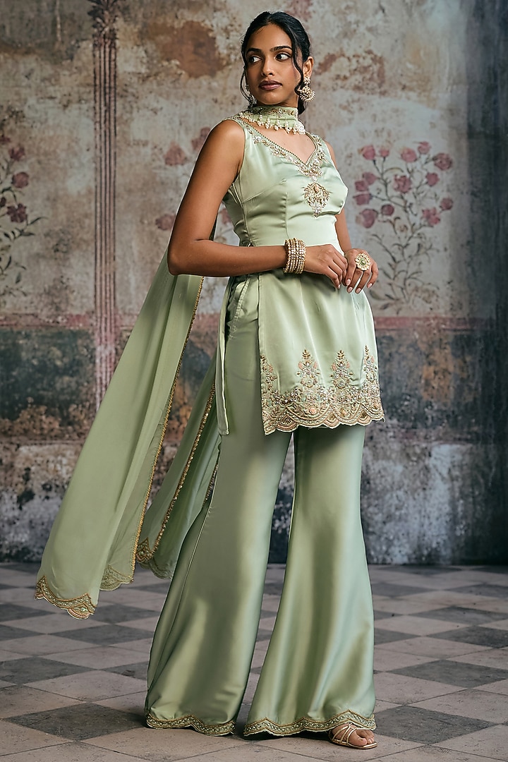 Green Tissue Mukesh & Zora Silk Party Wear Sharara Set by Saanjh by Lea at Pernia's Pop Up Shop