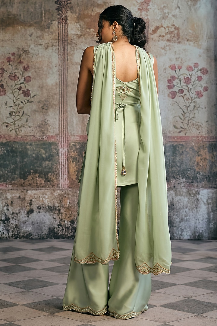 Green Tissue Mukesh & Zora Silk Party Wear Sharara Set by Saanjh by Lea at Pernia's Pop Up Shop