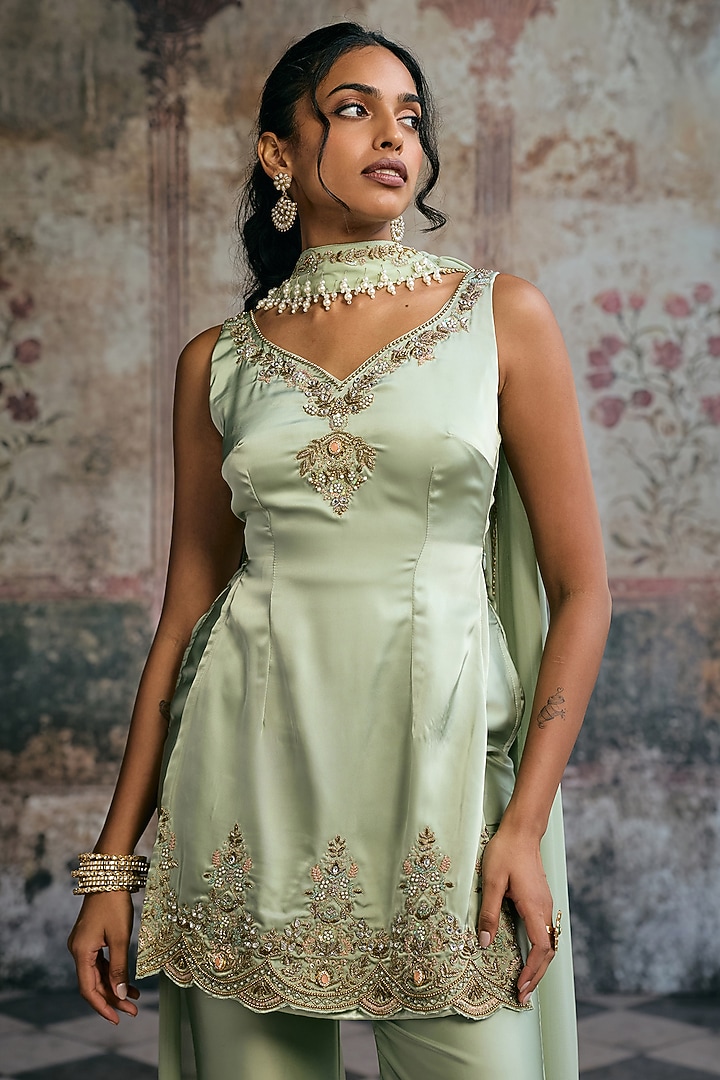 Green Tissue Mukesh & Zora Silk Party Wear Sharara Set by Saanjh by Lea at Pernia's Pop Up Shop