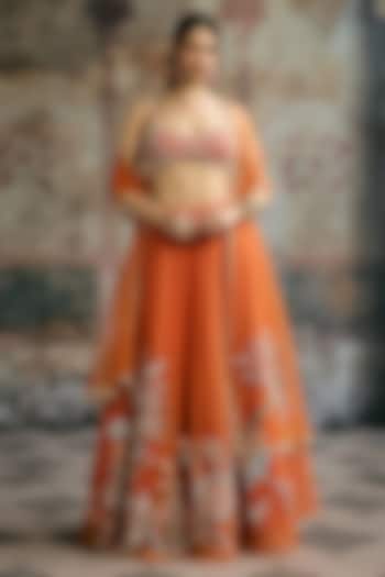 Orange Tulle Hand Embroidered Wedding Lehenga Set by Saanjh by Lea at Pernia's Pop Up Shop