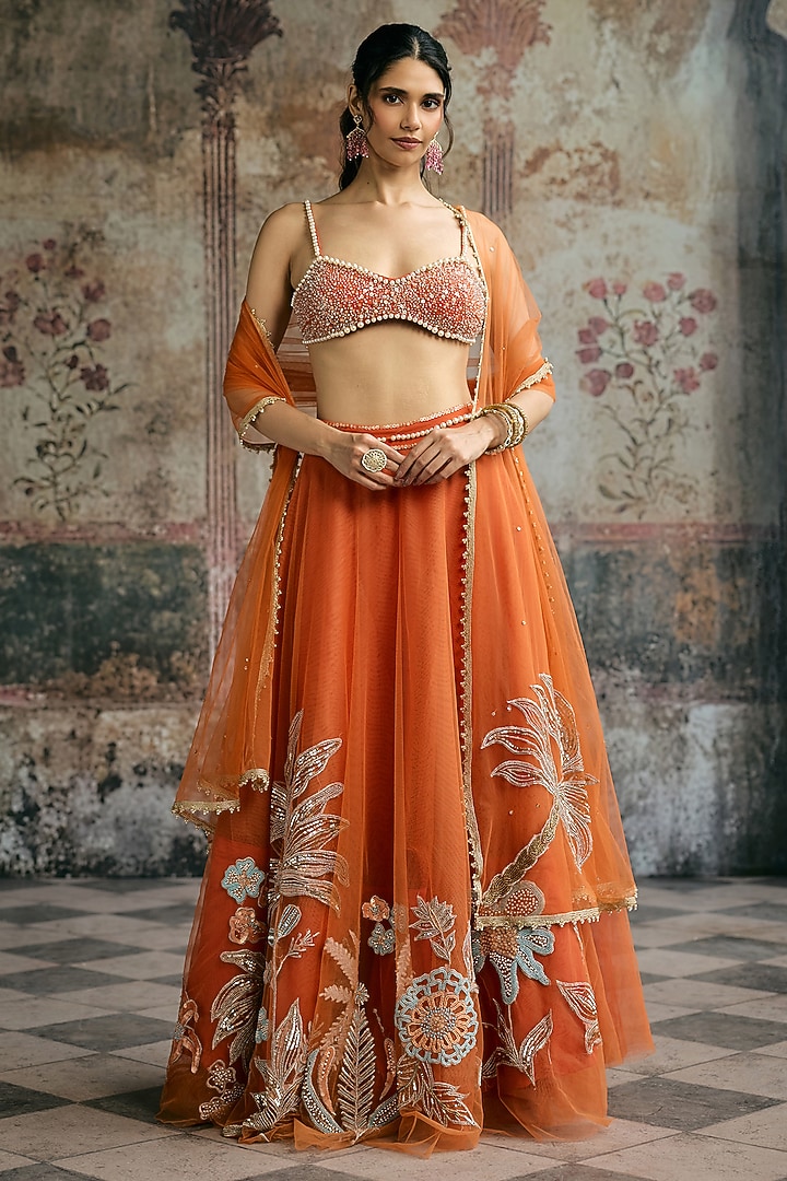 Orange Tulle Hand Embroidered Wedding Lehenga Set by Saanjh by Lea at Pernia's Pop Up Shop