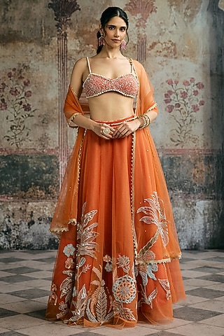 Orange Tulle Hand Embroidered Lehenga Set by Saanjh by Lea