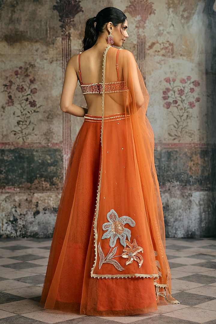 Orange Tulle Hand Embroidered Wedding Lehenga Set by Saanjh by Lea at Pernia's Pop Up Shop
