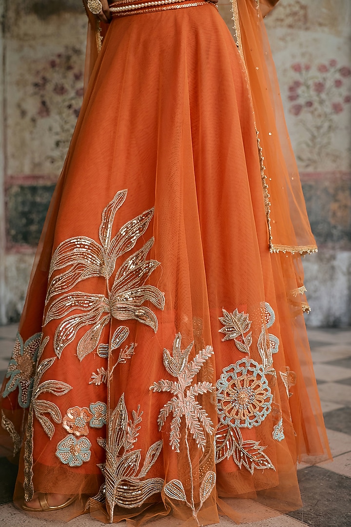 Orange Tulle Hand Embroidered Wedding Lehenga Set by Saanjh by Lea at Pernia's Pop Up Shop