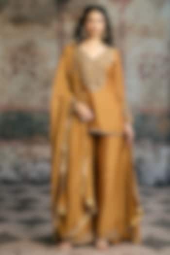 Mustard Silk Tissue Hand Embroidered Kurta Set by Saanjh by Lea at Pernia's Pop Up Shop