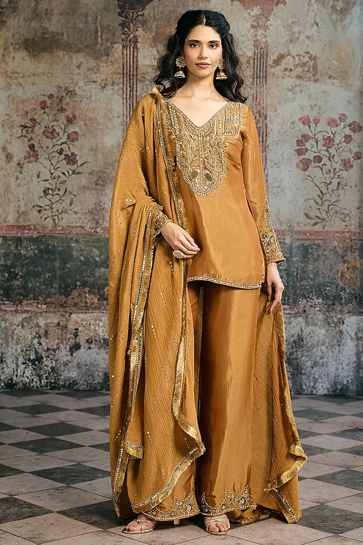 Mustard Silk Tissue Hand Embroidered Kurta Set by Saanjh by Lea at Pernia's Pop Up Shop
