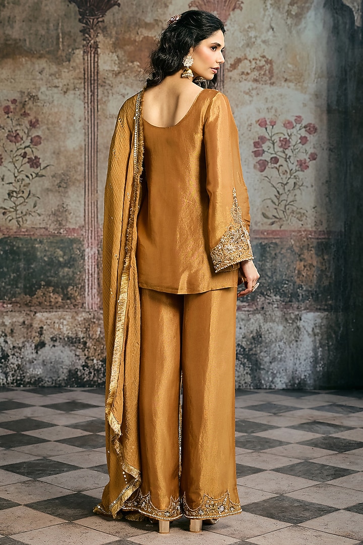 Mustard Silk Tissue Hand Embroidered Kurta Set by Saanjh by Lea at Pernia's Pop Up Shop