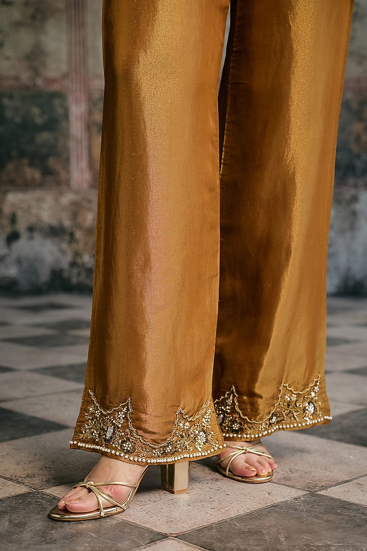 Mustard Silk Tissue Hand Embroidered Kurta Set by Saanjh by Lea at Pernia's Pop Up Shop