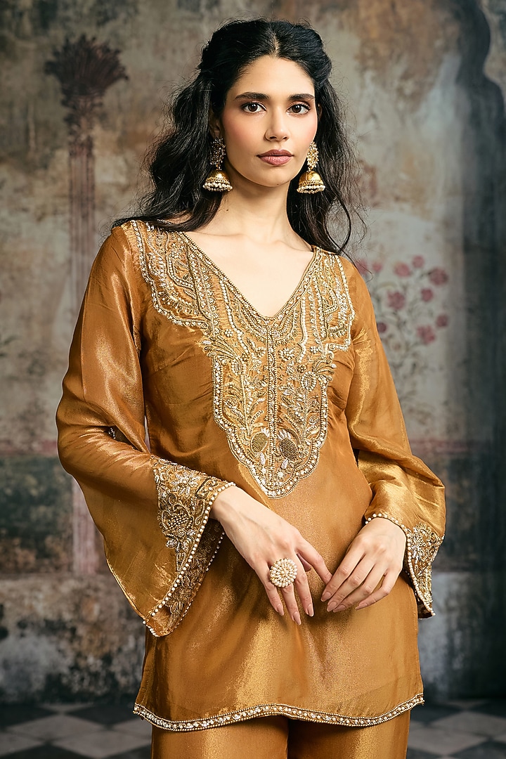 Mustard Silk Tissue Hand Embroidered Kurta Set by Saanjh by Lea at Pernia's Pop Up Shop