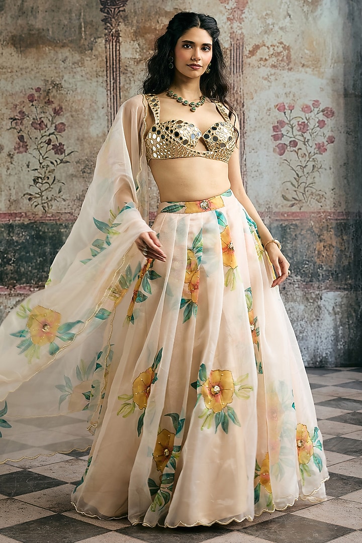 Multi-Colored Organza Beadwork & Printed Wedding Lehenga Set by Saanjh by Lea at Pernia's Pop Up Shop