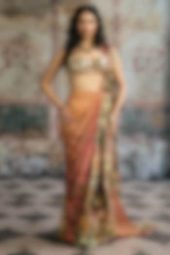 Multi-Colored Tissue Printed Pre-Draped Wedding Saree Set by Saanjh by Lea at Pernia's Pop Up Shop
