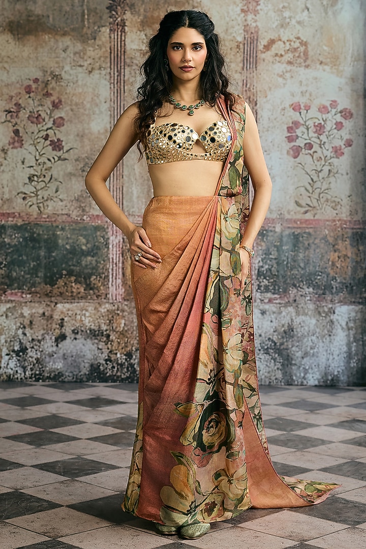 Multi-Colored Tissue Printed Pre-Draped Wedding Saree Set by Saanjh by Lea at Pernia's Pop Up Shop