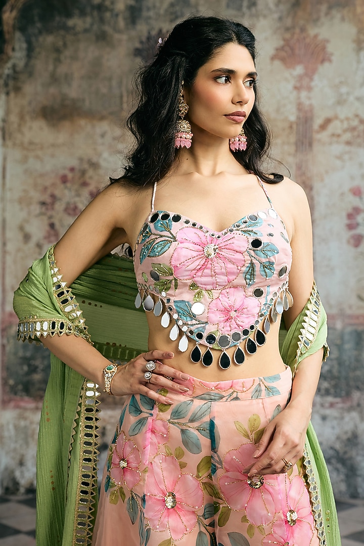 Peach Organza Floral Embroidered Wedding Sharara Set by Saanjh by Lea at Pernia's Pop Up Shop
