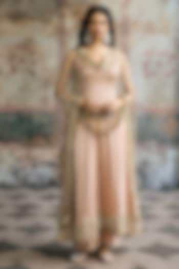 Beige Raw Silk Hand Embroidered Wedding Anarkali Set by Saanjh by Lea at Pernia's Pop Up Shop