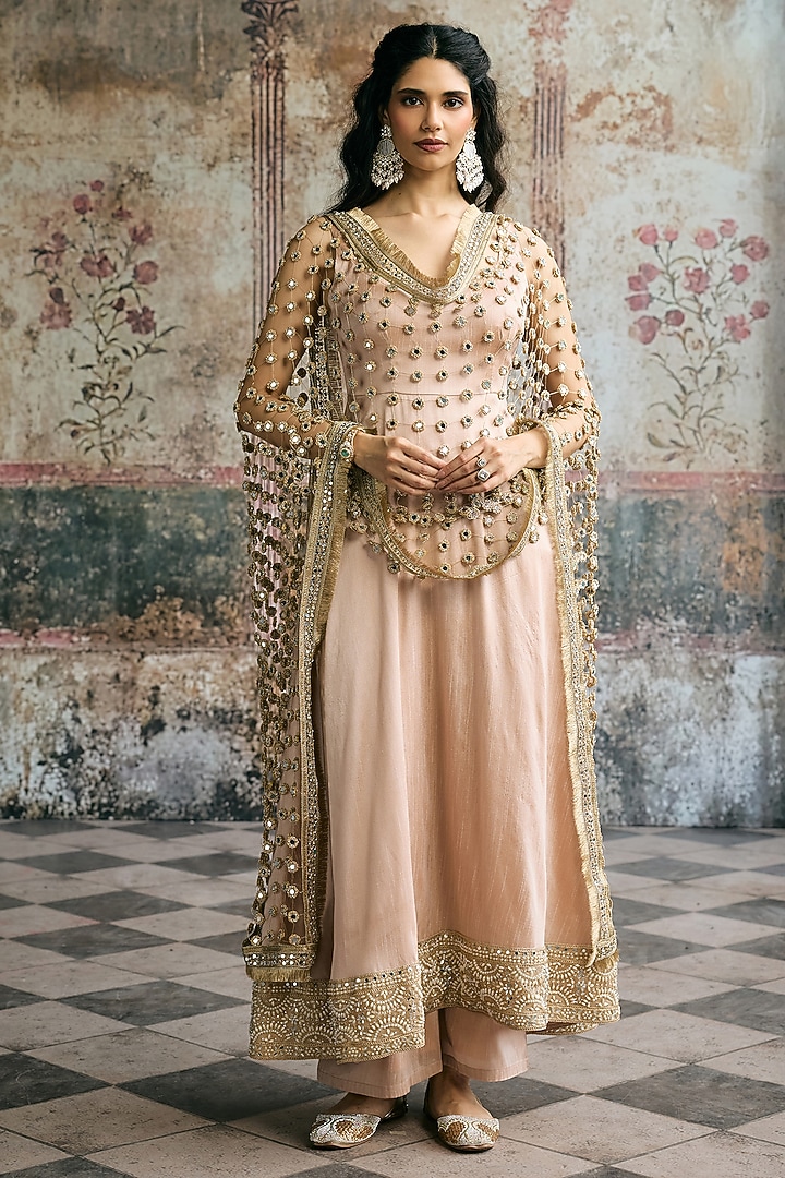Beige Raw Silk Hand Embroidered Wedding Anarkali Set by Saanjh by Lea at Pernia's Pop Up Shop
