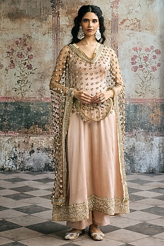 Pernia's Pop Up Shop - Saanjh By Lea Women Beige Raw Silk Hand Embroidered Anarkali Set