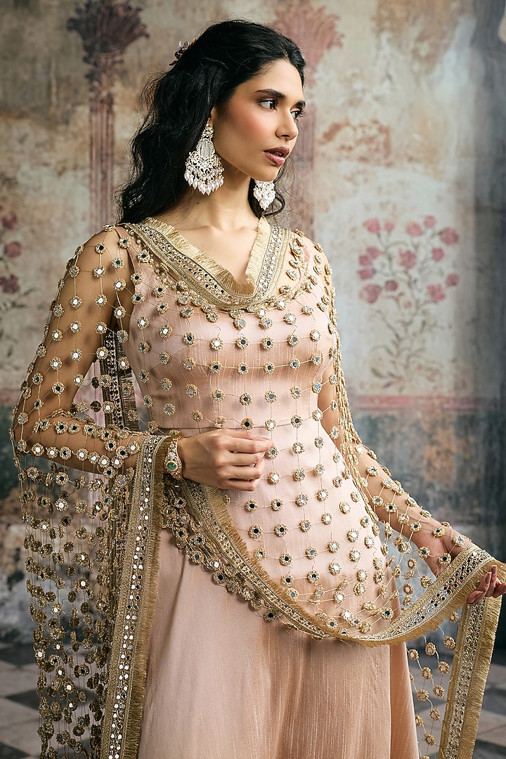 Beige Raw Silk Hand Embroidered Bridal Anarkali Set by Saanjh by Lea at Pernia's Pop Up Shop