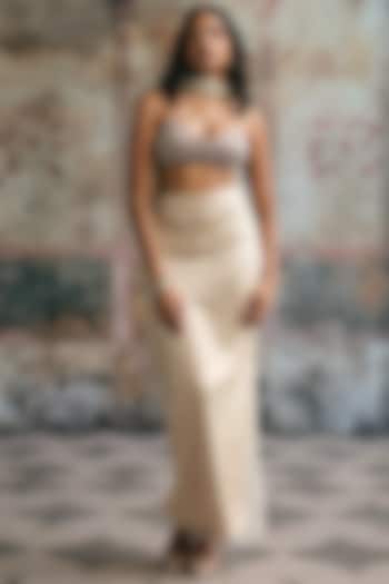 Taupe Satin Rhinestone Embellished Skirt Set by Saanjh by Lea at Pernia's Pop Up Shop