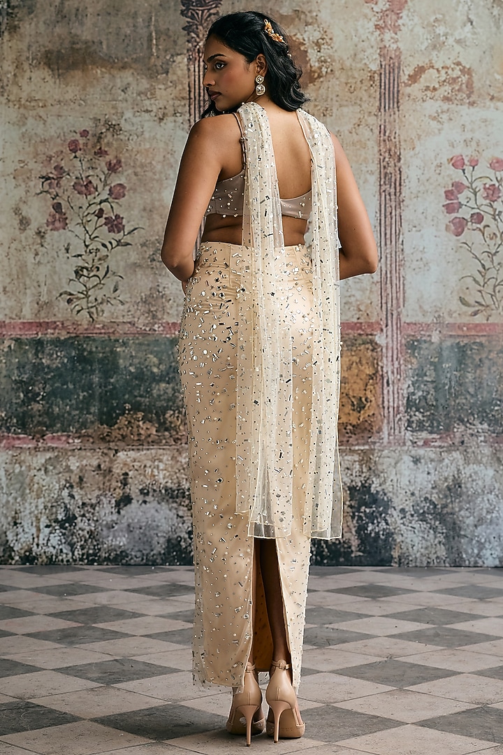 Taupe Satin Rhinestone Embellished Skirt Set by Saanjh by Lea at Pernia's Pop Up Shop