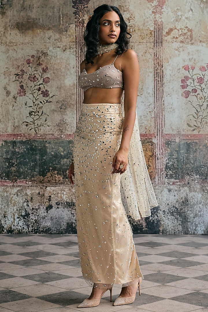 Taupe Satin Rhinestone Embellished Skirt Set by Saanjh by Lea at Pernia's Pop Up Shop