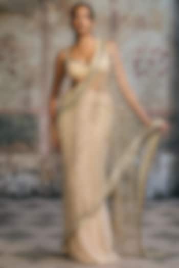 Golden Crushed Tissue Mirror Embellished Skirt Wedding Saree Set by Saanjh by Lea at Pernia's Pop Up Shop