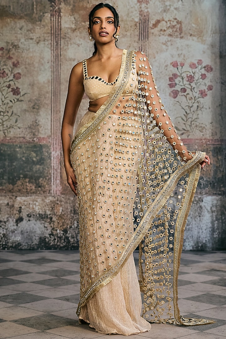 Golden Crushed Tissue Mirror Embellished Skirt Wedding Saree Set by Saanjh by Lea at Pernia's Pop Up Shop