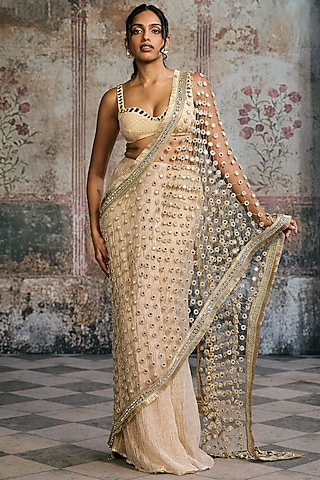 Golden Crushed Tissue Mirror Embellished Skirt Saree Set by Saanjh by Lea