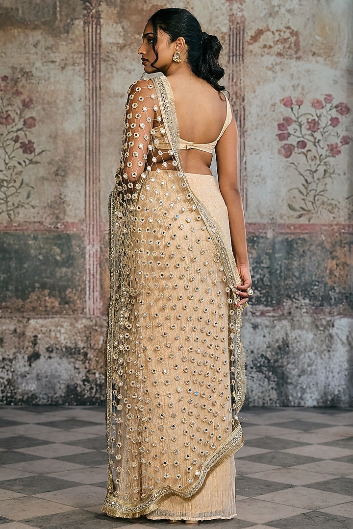 Golden Crushed Tissue Mirror Embellished Skirt Wedding Saree Set by Saanjh by Lea at Pernia's Pop Up Shop