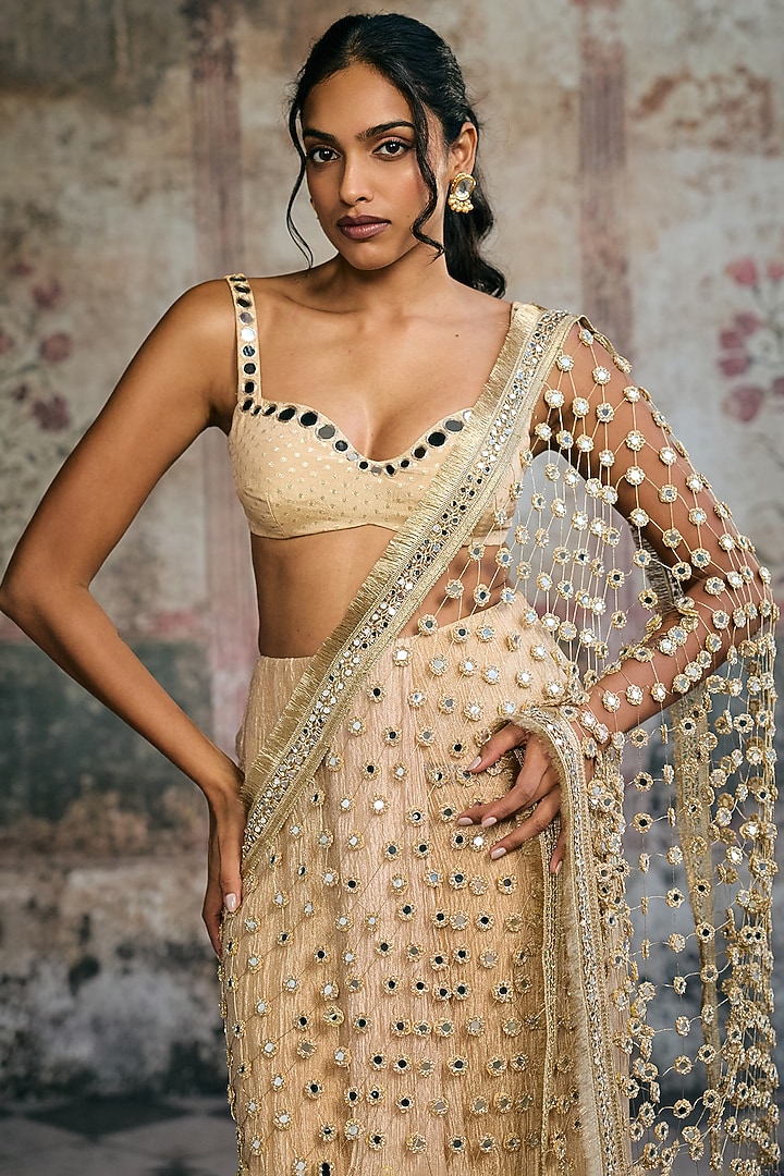 Golden Crushed Tissue Mirror Embellished Skirt Wedding Saree Set by Saanjh by Lea at Pernia's Pop Up Shop