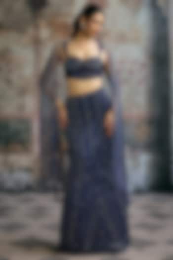 Navy Blue Double Satin Hand Rhinestone Embellished Wedding Lehenga Set by Saanjh by Lea at Pernia's Pop Up Shop