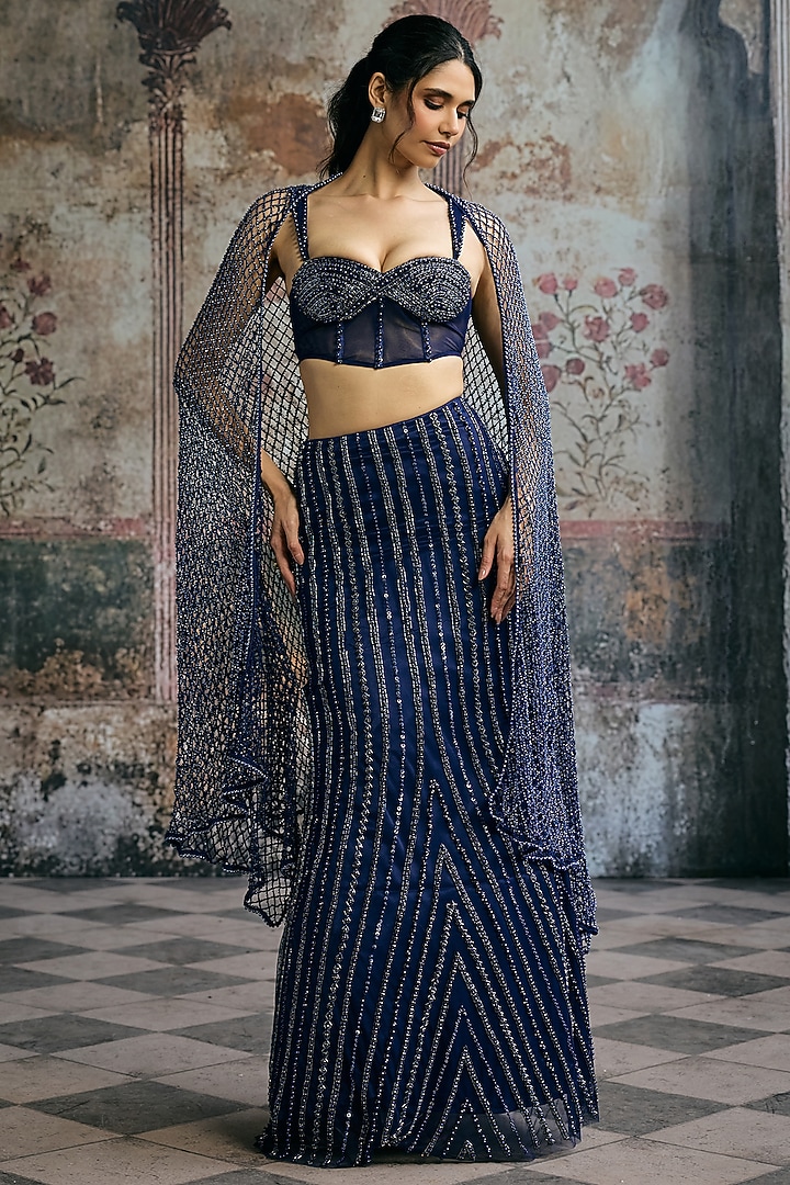 Navy Blue Double Satin Hand Rhinestone Embellished Wedding Lehenga Set by Saanjh by Lea at Pernia's Pop Up Shop