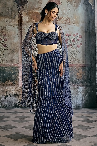 Navy Blue Double Satin Hand Rhinestone Embellished Lehenga Set by Saanjh by Lea