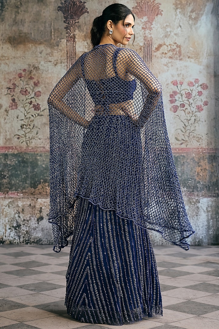 Navy Blue Double Satin Hand Rhinestone Embellished Wedding Lehenga Set by Saanjh by Lea at Pernia's Pop Up Shop