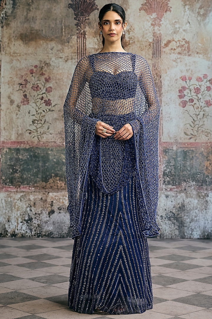 Navy Blue Double Satin Hand Rhinestone Embellished Wedding Lehenga Set by Saanjh by Lea at Pernia's Pop Up Shop
