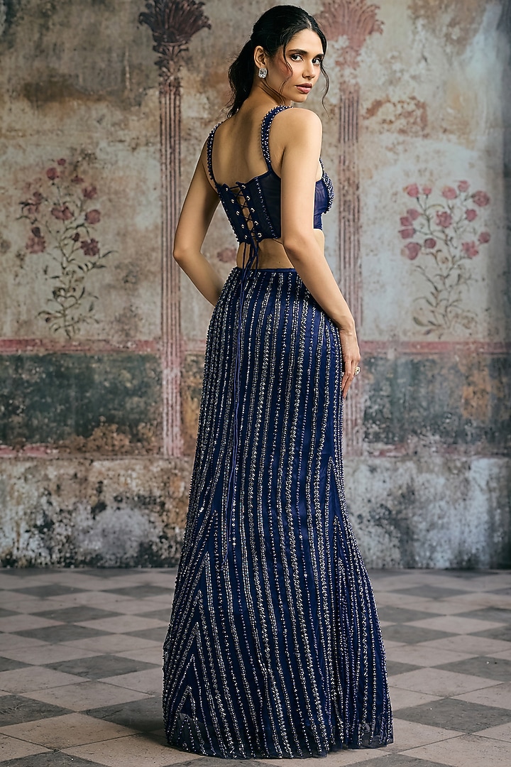 Navy Blue Double Satin Hand Rhinestone Embellished Wedding Lehenga Set by Saanjh by Lea at Pernia's Pop Up Shop
