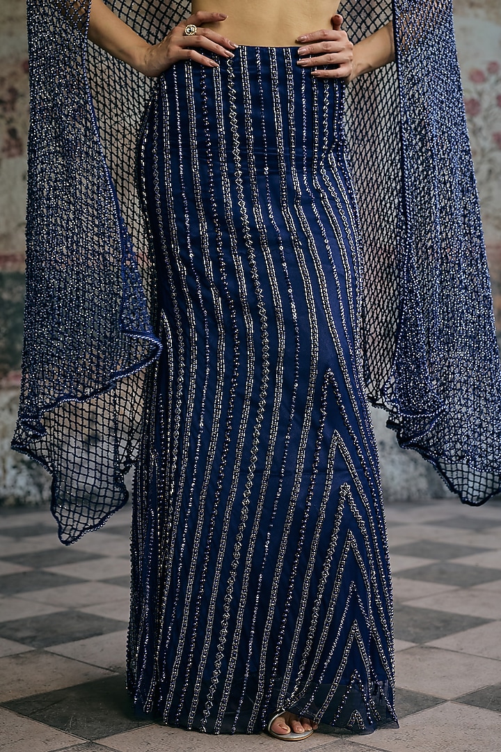 Navy Blue Double Satin Hand Rhinestone Embellished Wedding Lehenga Set by Saanjh by Lea at Pernia's Pop Up Shop