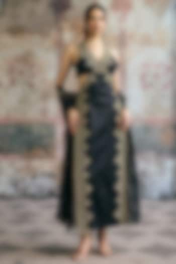 Black Raw Silk Hand Embroidered Halter Kurta Set by Saanjh by Lea at Pernia's Pop Up Shop