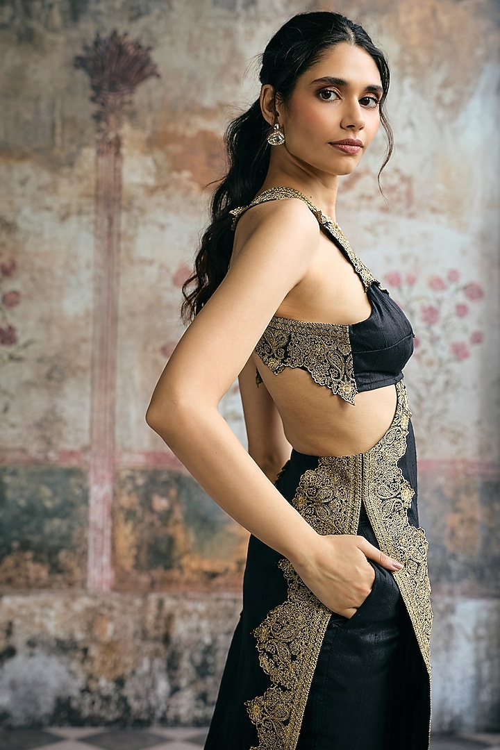 Black Raw Silk Hand Embroidered Halter Kurta Set by Saanjh by Lea at Pernia's Pop Up Shop